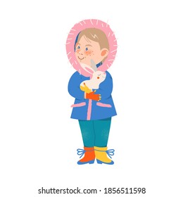 Cute Boy in Warm Hooded Coat Holding White Hare Pet Vector Illustration