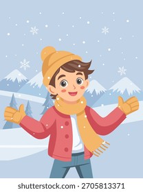 Cute boy in warm winter clothes enjoys the snowfall. Illustration for a holiday background.