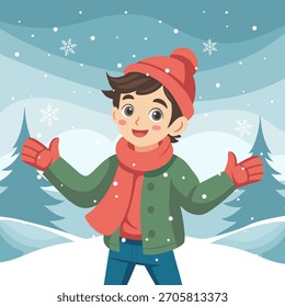 Cute boy in warm winter clothes enjoys the snowfall. Illustration for a holiday background.