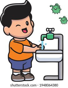 Cute Boy Washing Hand Vektorsymbol Illustration. Gesunde Menschen Mascot Cartoon Charakter. Menschen Symbol Konzept isoliert.  Flat Cartoon Style geeignet für Web Landing Page Banner Flyer Sticker Karte Neu