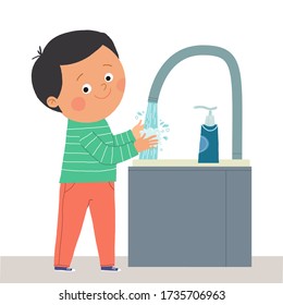 Cute boy Washing Hands with Soap under running Water. IPrevention against Virus and Infection. Hygiene Concept. Cartoon hand drawn10 illustration isolated on white in a flat style