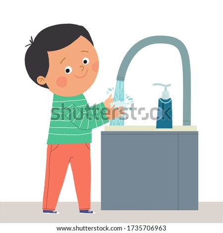 Cute boy Washing Hands with Soap under running Water. IPrevention against Virus and Infection. Hygiene Concept. Cartoon hand drawn10 illustration isolated on white in a flat style