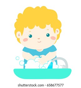 Cute boy washing hands in Washbasin vector illustration.