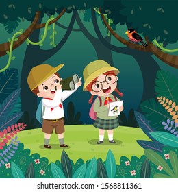 Cute boy watching bird through binoculars and the girl drawing the birds in the forest. Children have summer outdoor adventure.