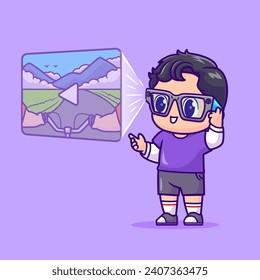 Cute Boy Watching Movie With Glasses Virtual Reality Cartoon 
Vector Icon Illustration. People Technology Icon Concept 
Isolated Premium Vector. Flat Cartoon Style
