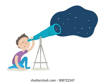 Cute boy watching through telescope on night starry sky. Flat design vector illustration isolated on white background