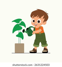 Garoto bonito regando planta eco-friendly jardinagem