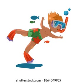 Cute Boy in Watersport Goggles Swimming Underwater Vector Illustration