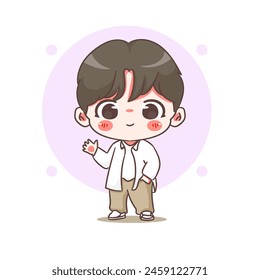 Cute boy waving hand cartoon character. Korean style fashion. People expression concept design. Chibi vector illustration. Isolated white background