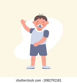 Cute boy waving hand. Little korean kid with a pacifier. Happy child in blue t-shirt and blue shorts. Vector flat illustration isolated.