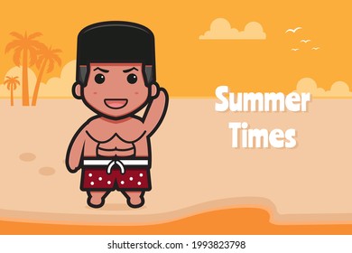 Cute boy waving hand with a summer greeting banner cartoon vector icon illustration. Design isolated on orange yellow. Flat cartoon style.