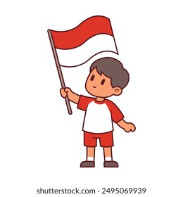 A cute boy waving the Indonesian flag, celebrating Indonesia Independence Day with pride and joy in a minimalist vector style