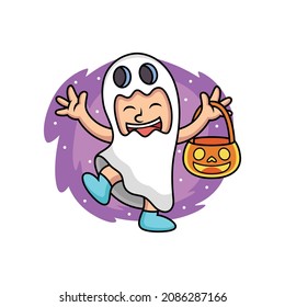 Cute boy wear ghost costume. Cartoon vector illustration isolated on premium vector