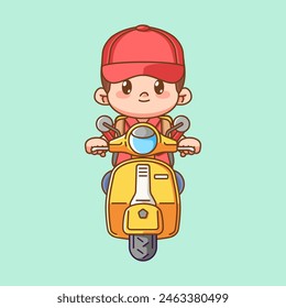 Cute boy wear hat  riding scooter kawaii chibi character mascot illustration set