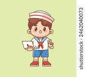 Cute boy wear sailor uniform hold laptop kawaii chibi character mascot illustration outline style design set