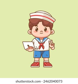 Cute boy wear sailor uniform hold laptop kawaii chibi character mascot illustration outline style design set