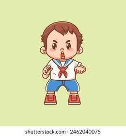 Cute boy wear sailor uniform fight pose shout  kawaii chibi character mascot illustration outline style design set