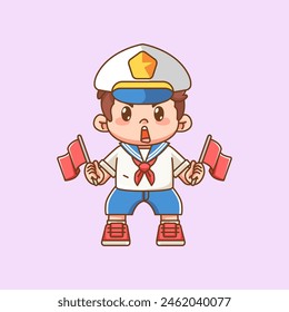 Cute boy wear sailor uniform holding two flag kawaii chibi character mascot illustration set