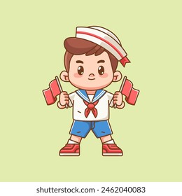 Cute boy wear sailor uniform hold two flag kawaii chibi character mascot illustration set