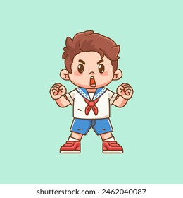 Cute boy wear sailor uniform cheers spirit kawaii chibi character mascot illustration outline style design set