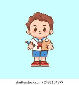 Cute boy wear sailor uniform take notes kawaii chibi character mascot illustration set