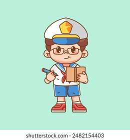 Cute boy wear sailor uniform taking note kawaii chibi character mascot illustration set