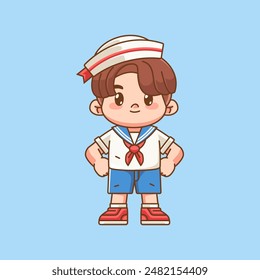 Cute boy wear sailor uniform stand pose kawaii chibi character mascot illustration outline style design set