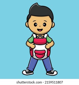 Cute Boy Wearing Backpack Cartoon Vector Icon Illustration. People Education Icon Concept Isolated Premium Vector.