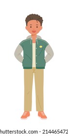 Junge, der eine Baseballjacke trägt. Flaches design, Vektorgrafik.