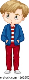Cute boy wearing blue jacket and red pants illustration