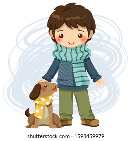 A cute boy wearing a blue sweater Blue green scarf and green pants there was a little dog wearing a yellow scarf sitting next to him, 
isolated on white background, vector illustrations.