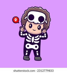 Cute Boy Wearing Bone Ghost Costume Cartoon Vector Icon Illustration. People Holiday Icon Concept Isolated Premium Vector. Flat Cartoon Style