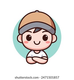 cute boy wearing brown cap cartoon character vector illustration template design