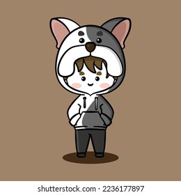 Cute boy wearing Buldog hoodie. Animal character hoodies. Pet character hoodies. Fit for mascot, children's book, icon, t-shirt design, etc.