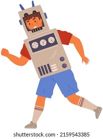 Cute boy wearing cardboard battle bot suit at costume party. Cosplay male child in entertainment robotic costume vector illustration. Creative guy in self made outfit playing space alien robot