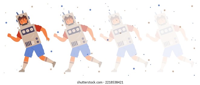 Cute boy wearing cardboard battle bot suit at costume party. Cosplay male child in entertainment robotic costume blurred illustration. Creative guy in self made outfit playing space alien robot