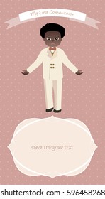 Cute boy wearing celebration clothes. My first communion celebration reminder. Vector illustration.