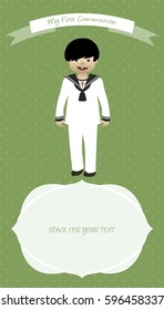 Cute boy wearing celebration clothes. My first communion celebration reminder. Vector illustration.