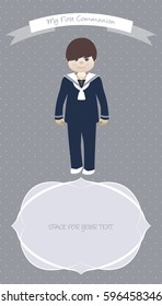 Cute boy wearing celebration clothes. My first communion celebration reminder. Vector illustration.