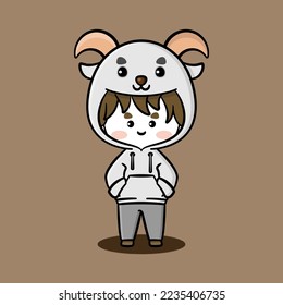 Cute Junge mit chinesischer Zodiac-Hoodie. Ziege im chinesischen Zodiac. Tiercharakter. Chinesische Tierkreiszeichen. Haustiere. Geeignet für Maskottchen, Kinderbuch, Ikone, T-Shirt Design, etc.