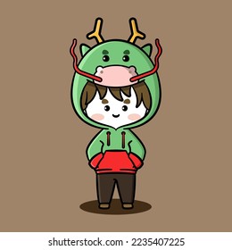 Cute boy wearing Chinese Zodiac hoodie. Dragon in Chinese zodiac. Mythological creature character hoodies. Chinese zodiac character hoodies. Fit for mascot, children's book, icon, t-shirt design, etc.