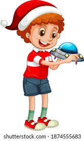 Cute boy wearing Christmas hat and playing with his toy on white background illustration