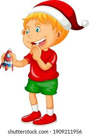 Cute boy wearing Christmas hat and playing with his toy on white background illustration
