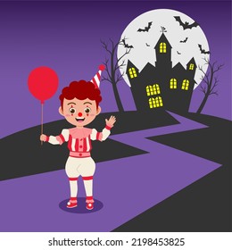 Cute Boy Wearing Clown Halloween Costume, Background in Separated Layer For Easy Editing