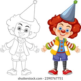 A cute boy wearing colorful circus clown clothes, smiling