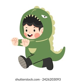 Cute boy  wearing dinosaur costume run