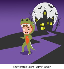 Cute Boy Wearing Dinosaur Halloween Costume, Background in Separate Layers For Easy Editing