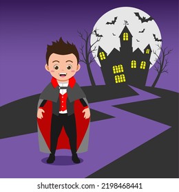 Cute Boy Wearing Dracula Halloween Costume, Background in Separate Layers For Easy Editing