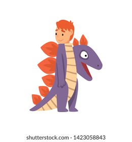 Cute Boy Wearing Dragon Costume, Kid Dressed for Carnival or Masquerade Party Vector Illustration