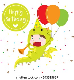 Cute boy wearing dragon costume flying with balloons while holding trumpet vector illustration with happy birthday text in isolated background full of confetti